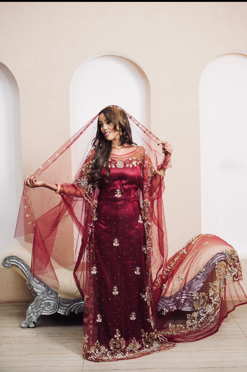 Burgundy Boqortoyo bridal diraac- Rent